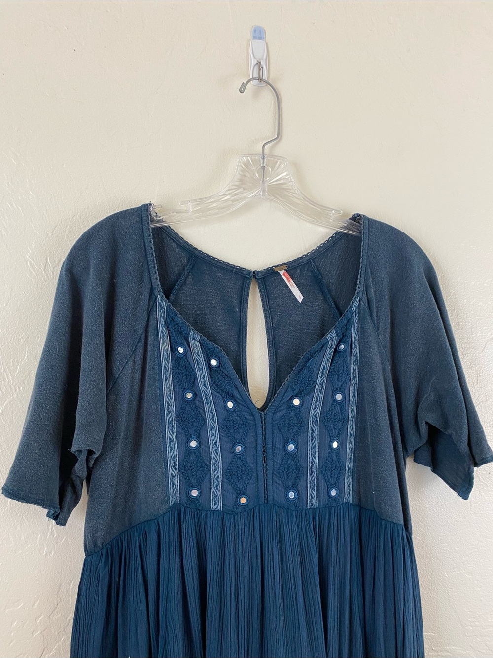 Free People Size Small Navy Blue Cotton Jersey Knit Embellished Flowy Midi Dress - Picture 6 of 7
